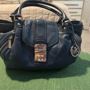 Michael Kors Navy Pebbled Leather Shoulder Bag with Silver Hardware
